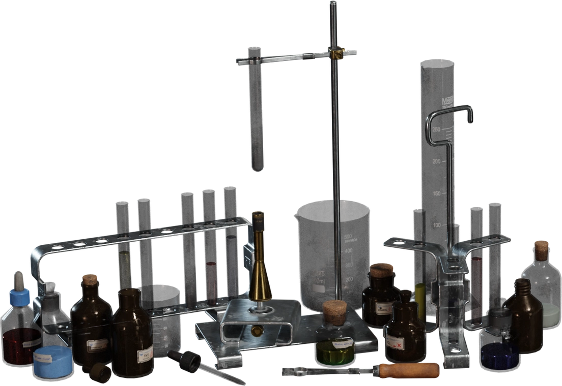 Free 4K model of a vintage chemistry set: glass beakers, test tubes, brown reagent bottles, metal stands, and a Bunsen burner, with worn labels and grime.