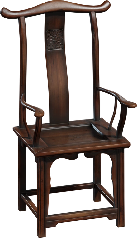 Free 8K model: varnished antique Chinese wooden armchair with ornate carved back, elegant curved crest rail and traditional Ming-style silhouette.