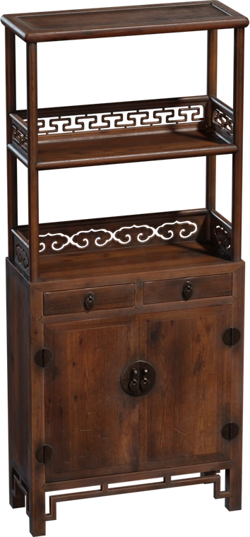 Free 8K model of an antique Chinese wooden cabinet: elegant traditional shelving with ornate carved panels, drawers, brass hardware and vintage character.