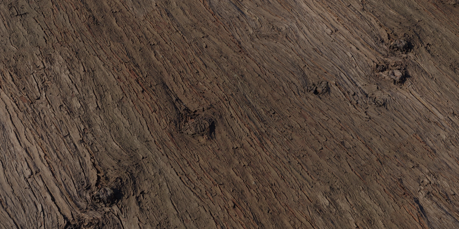 Free 8K texture of Chinese cedar bark with rough, fibrous vertical ridges, deep grooves and knots; dark reddish-brown, weathered surface with subtle matte highlights.