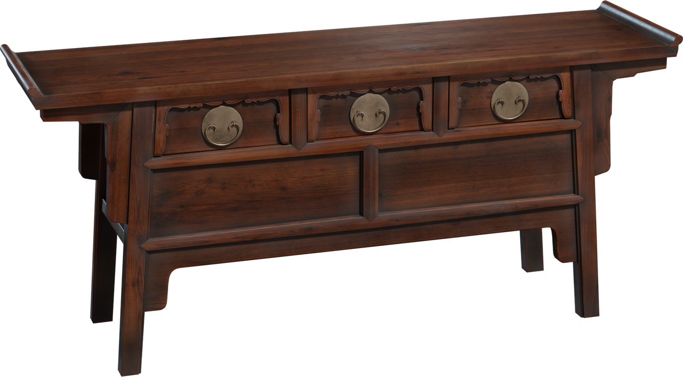 Free 8K model of a vintage Chinese wooden commode with ornate carvings, round brass hardware and warm aged patina - traditional cabinet.