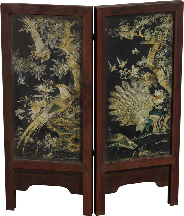 Free 8K Chinese screen panels - ornate antique wooden room divider with painted peacocks, floral Asian motifs and vintage patina.