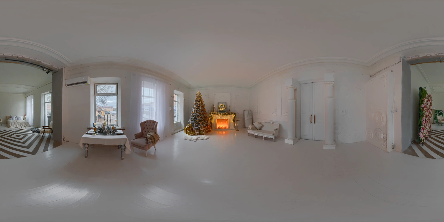 Free 16K unclipped HDRI with soft morning/afternoon natural light and warm fireplace Christmas glow in a Victorian studio apartment, low contrast, cozy
