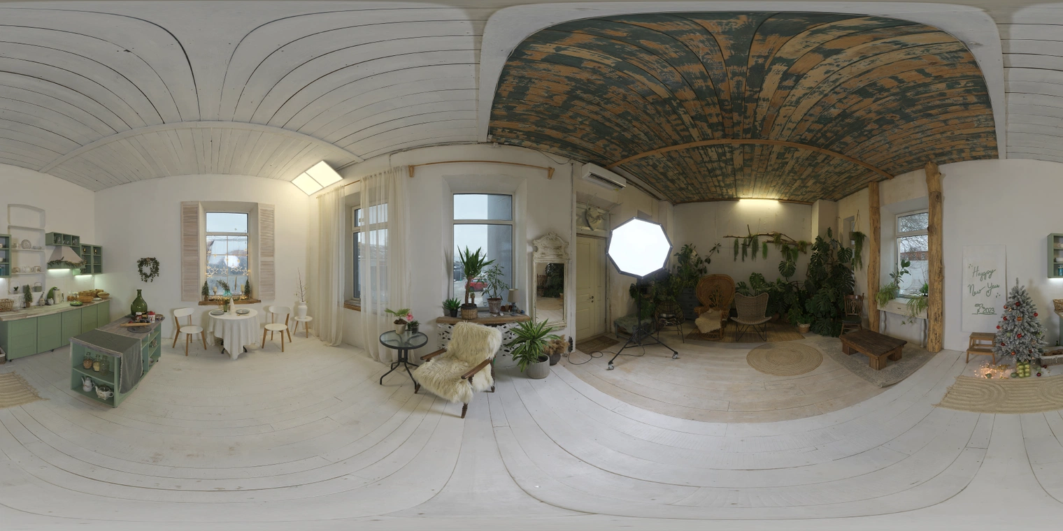 Free 16K HDRI, unclipped: soft studio flash plus cool window daylight, warm festive indoor mood with medium-high contrast and natural reflections.