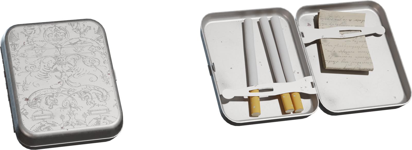 Free 4K vintage metal cigarette case with ornate engraved lid, worn edges, hinged clamshell interior, spring straps, three cigarettes and a folded note.