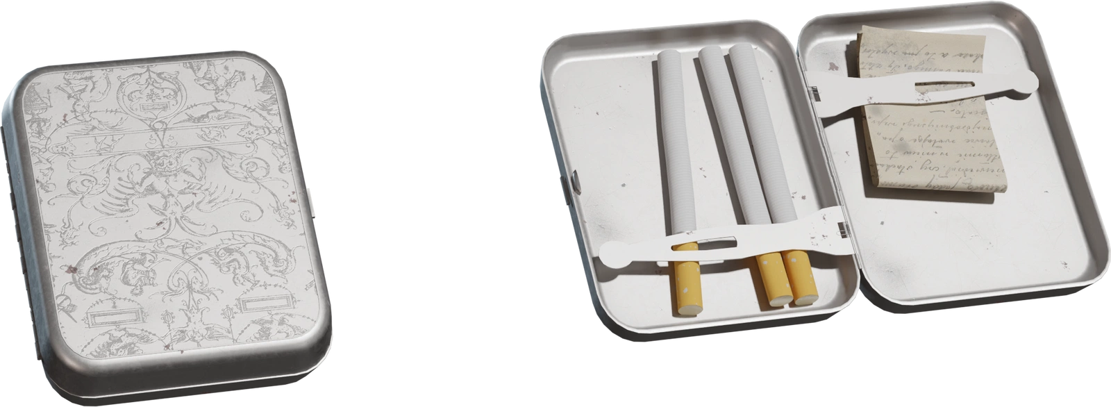 Free 4K vintage metal cigarette case with ornate engraved lid, worn edges, hinged clamshell interior, spring straps, three cigarettes and a folded note.