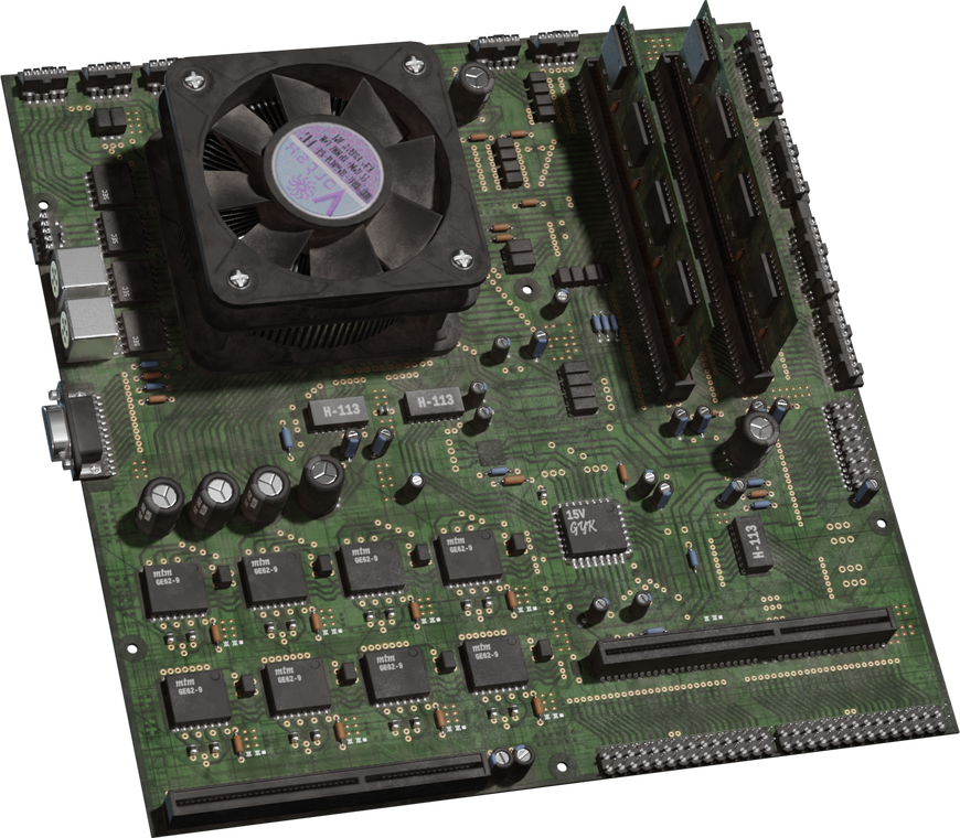 Free 4K model of a retro green motherboard with CPU cooler, tall RAM sticks, capacitors, sockets, rich PCB traces, connectors, and printed labels.