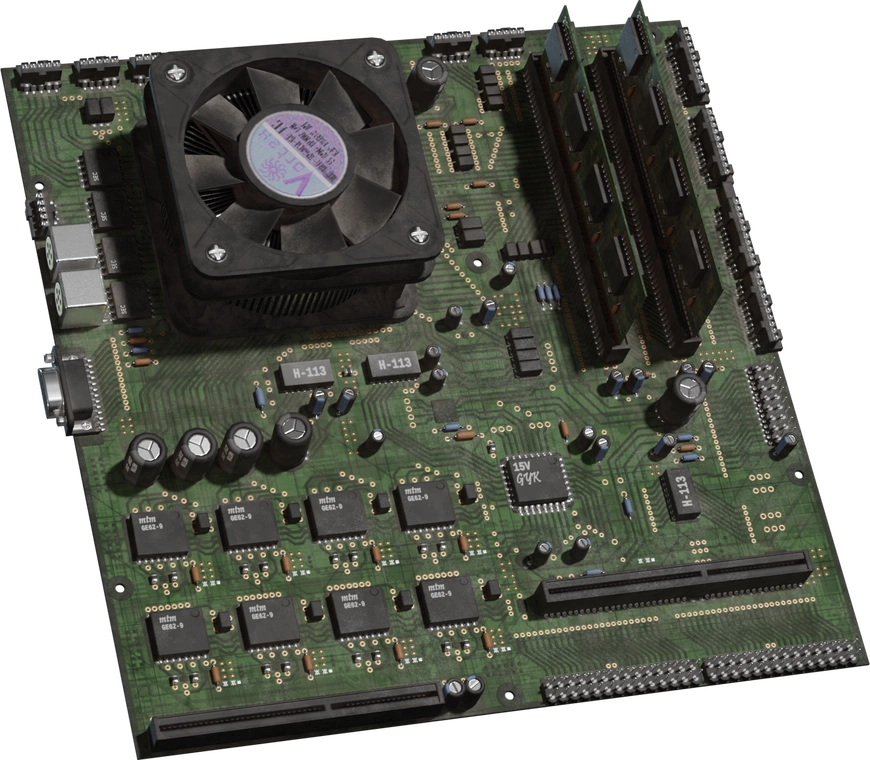 Free 4K model of a retro green motherboard with CPU cooler, tall RAM sticks, capacitors, sockets, rich PCB traces, connectors, and printed labels.