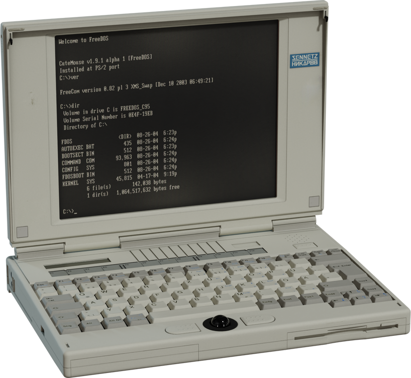 Free 4K model of a retro beige laptop with DOS screen, chunky keycaps, built-in trackball, floppy slot, thick hinges, and period-correct details.