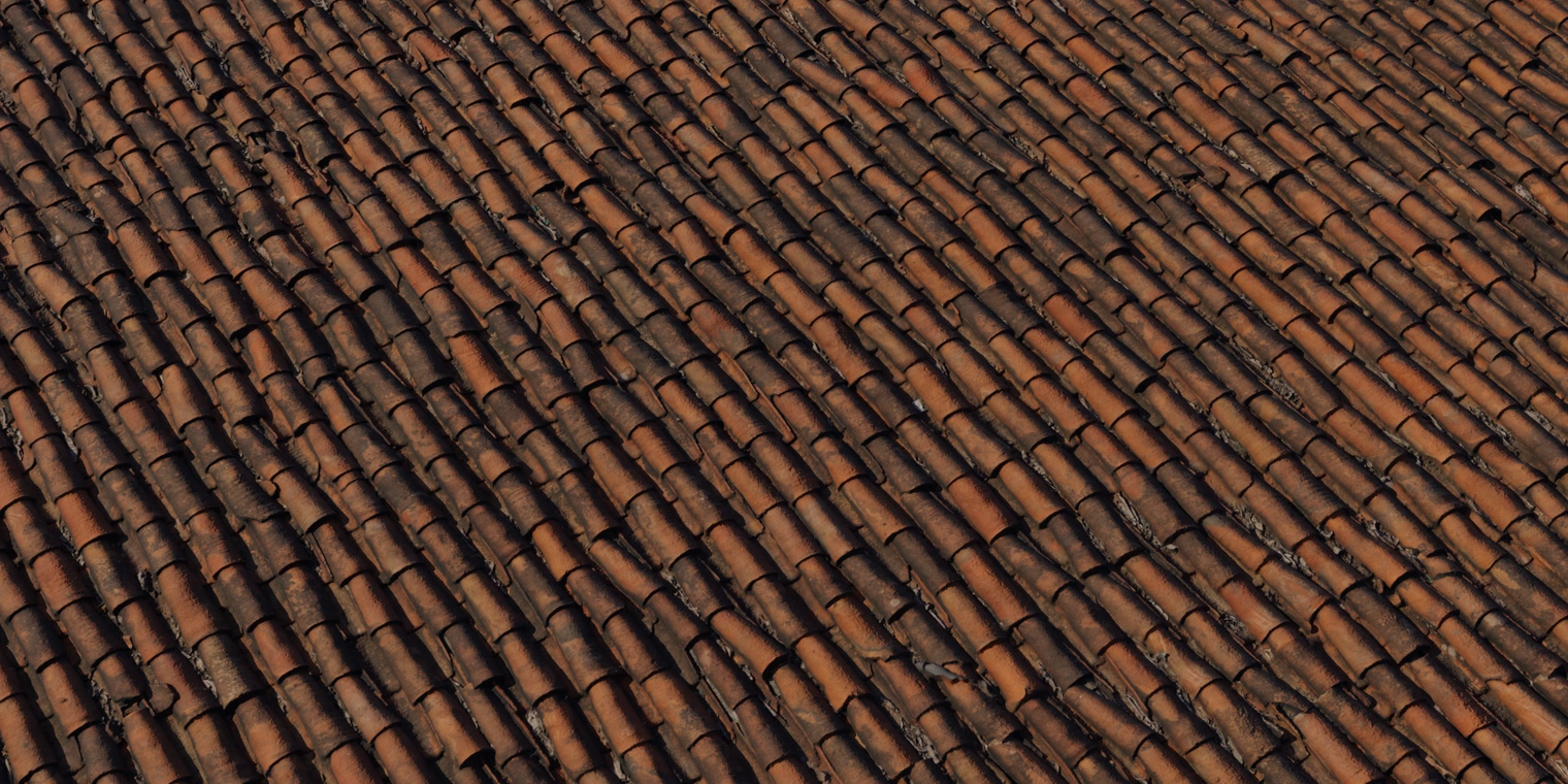 Free 8K clay roof tile texture: weathered, rough, uneven reddish-brown tiles with dark staining, chipped edges and strong height/color variation.