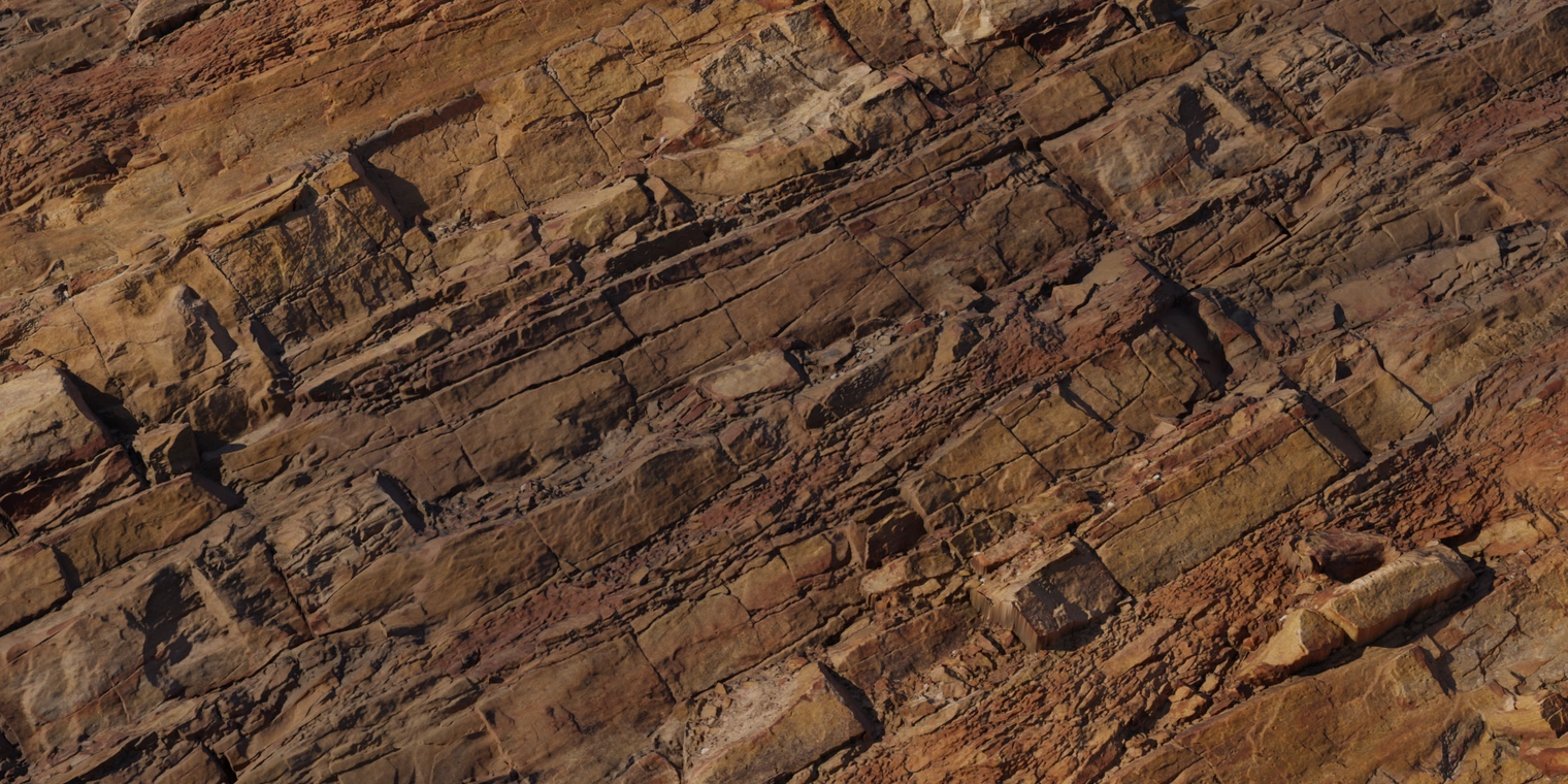 Free 16K texture of a rugged, eroded orange sedimentary cliff face - layered rock, boulders and weathered surfaces for mountain and canyon terrain.