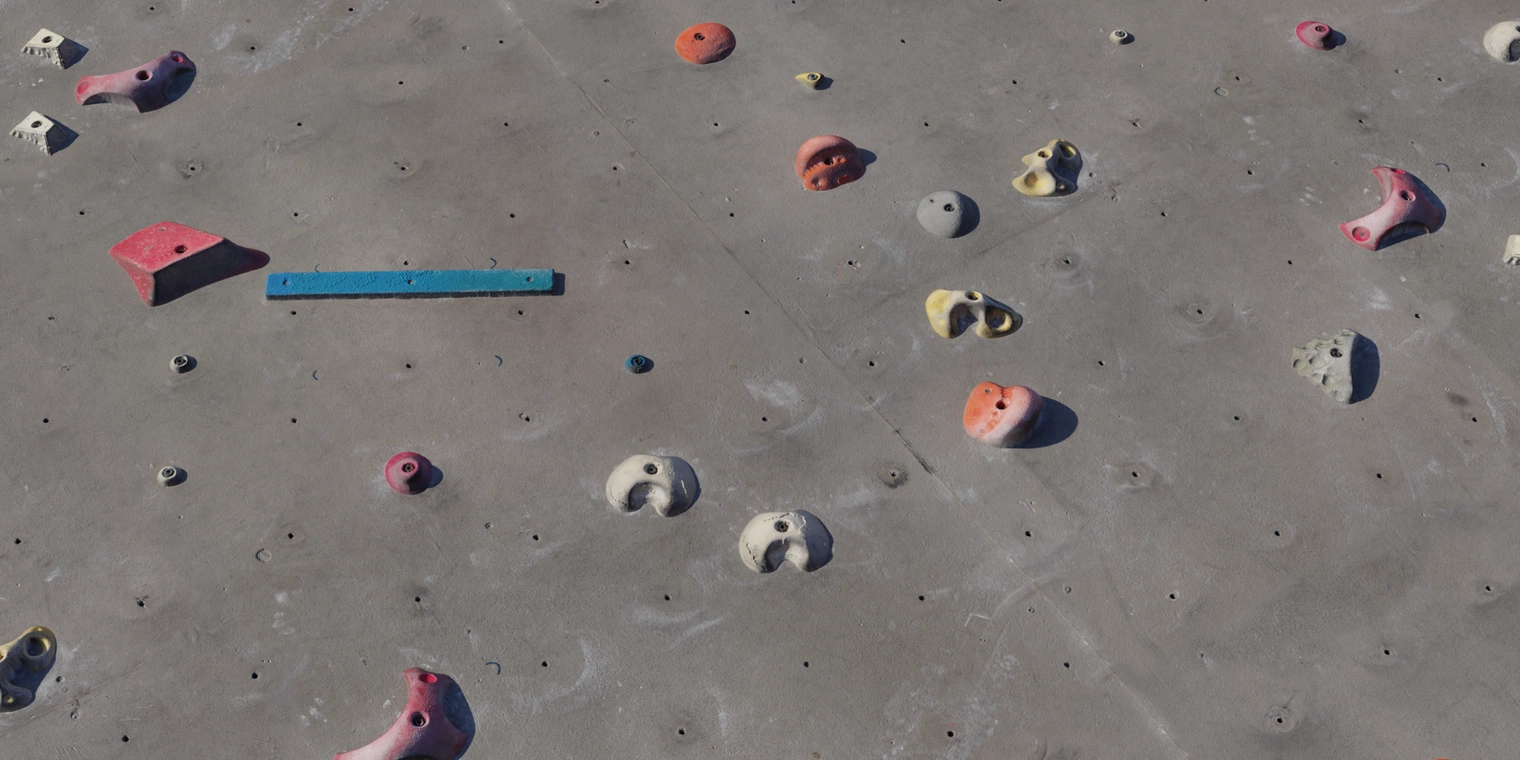 Free, 8K concrete climbing wall texture: rough indoor bouldering surface with bolt holes, chalky wear and colorful handholds for realistic gym scenes.