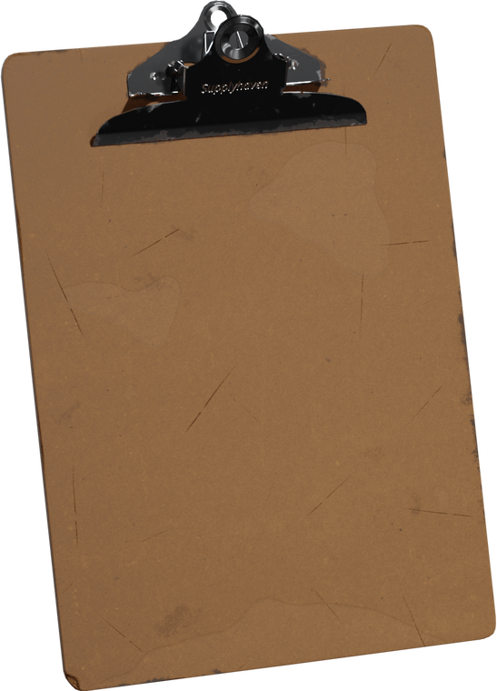 Free 8K model of a worn masonite clipboard with a shiny chrome clip, engraved logo, rounded corners, scuffs and edge wear, showing a lived-in look.