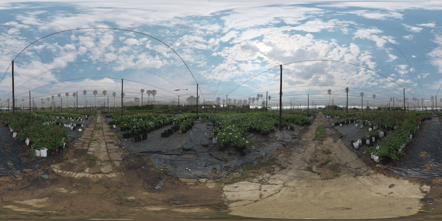 Unclipped, free 20k HDRI - midday partly cloudy nursery beneath netting; soft light, medium contrast and cool, diffused shadows across plant rows.