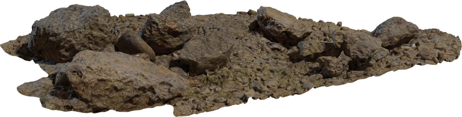 Free 8K model of coastal rock formation with weathered, eroded boulders, scattered pebbles and detailed sandy-brown shoreline textures.