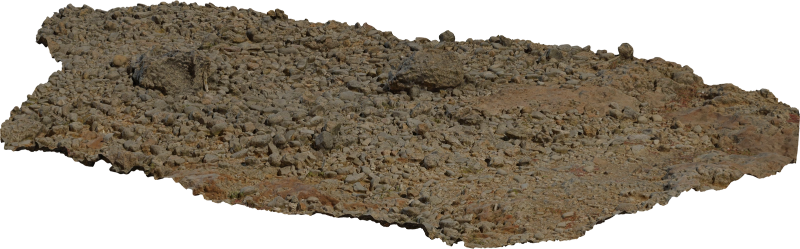 Free 8K model of a weathered coastal rockbed with mixed pebbles, sand patches and eroded rock faces in warm earthy tones.