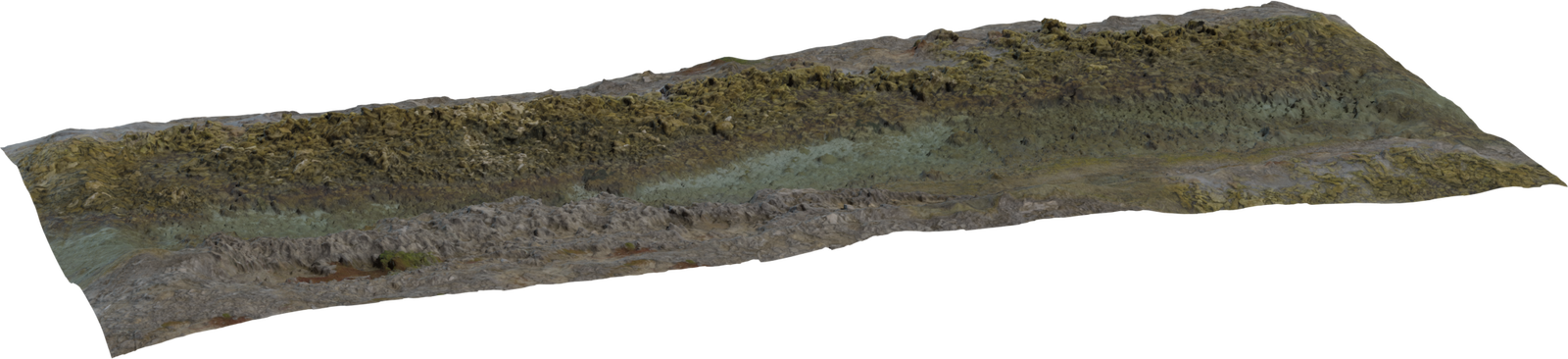Free 8K coastal rock model showing a weathered shoreline strip with layered stone, pebbles, sand and algae-streaked tide channels.