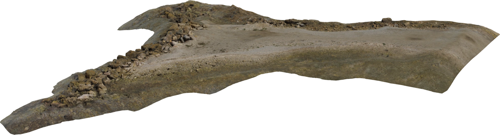 Free 8K model of a weathered coastal rock formation with scattered pebbles, sandy shoreline and mossy algae textures, high-detail, realistic geometry.