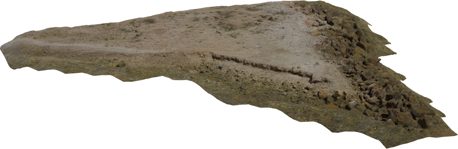Free 8K model of a weathered coastal rock formation: eroded shoreline, pebble-strewn path, mossy boulders and sandy soil with realistic textures.