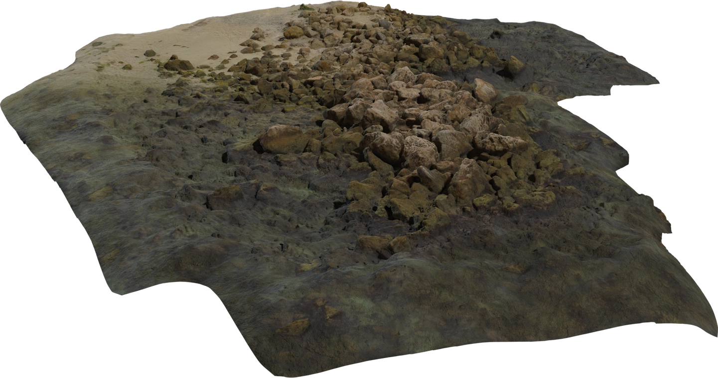 Free 8K photoreal coastal rock formation with weathered boulders, scattered pebbles, sandy shore and algae-stained surfaces; high-detail textures and topology.