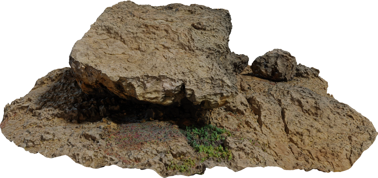 Free, 8K photoreal rock model: weathered limestone boulder and ledge with eroded undercut, pebble-strewn surface and patches of seaweed and greenery.
