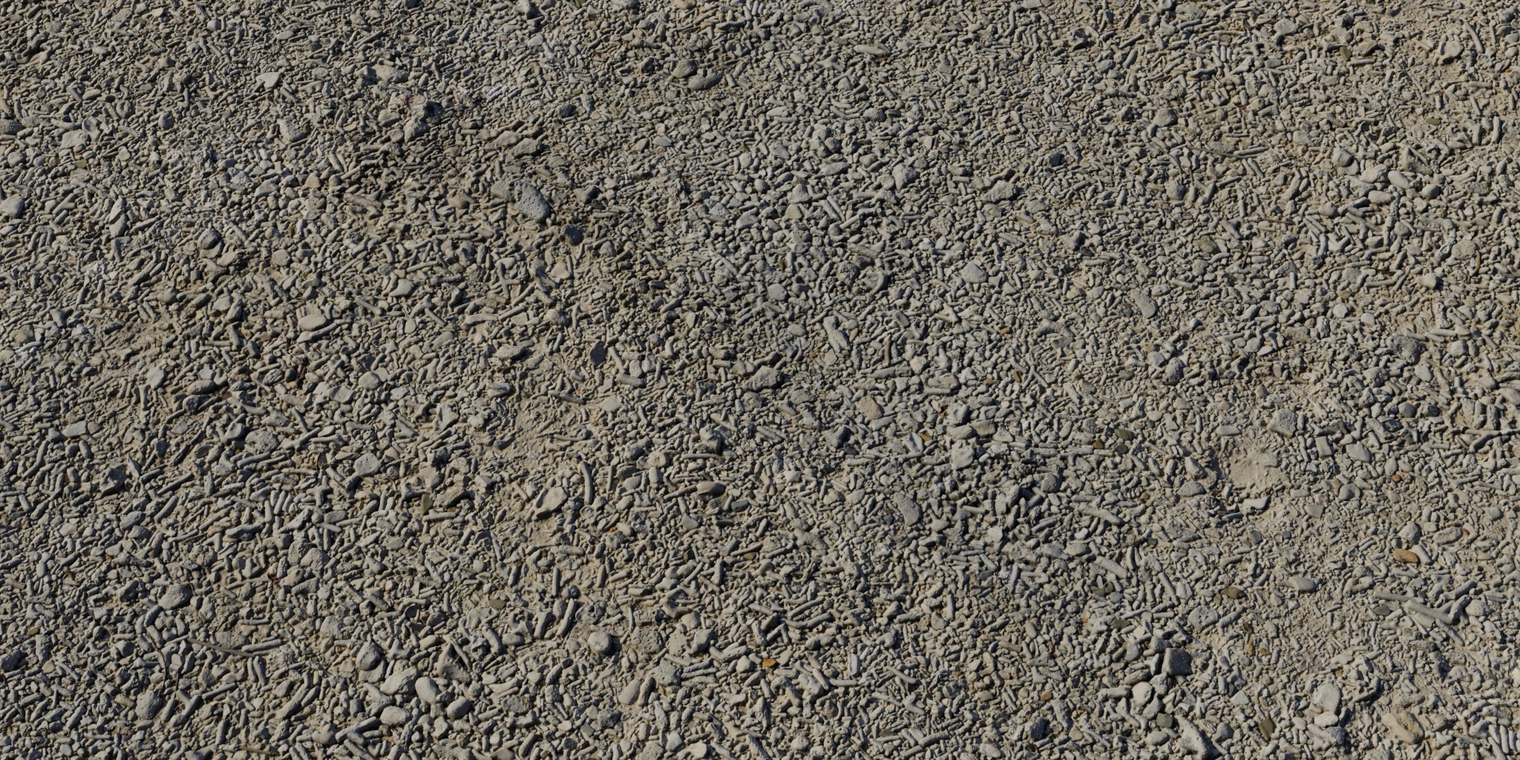 Free 16K texture of coarse coastal sand with mixed pebbles, broken coral and gritty brown gravel; high-detail dry, uneven surface with scattered debris.