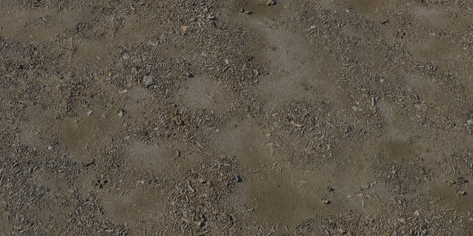 Free 8K texture of coarse coastal sand with fine grains, scattered pebbles, shell and coral debris, and compacted damp brown surface.