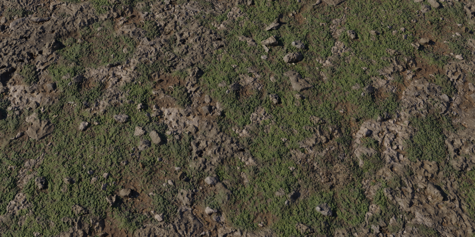 Free 8K texture of weathered coastal sand-rock: rough, uneven rock faces with scattered stones, brown sandy soil and patchy green moss coverage.