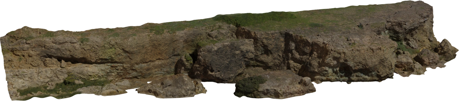 Free 8K model of a weathered coastal cliff with layered rock faces, eroded ledges, scattered boulders and a grassy top, with high-detail textures.