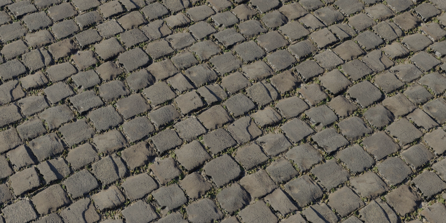 Free 8K texture of aged cobblestone: worn, rounded stones with dirt-filled joints and moss in crevices; rough, weathered surfaces with subtle damp sheen.
