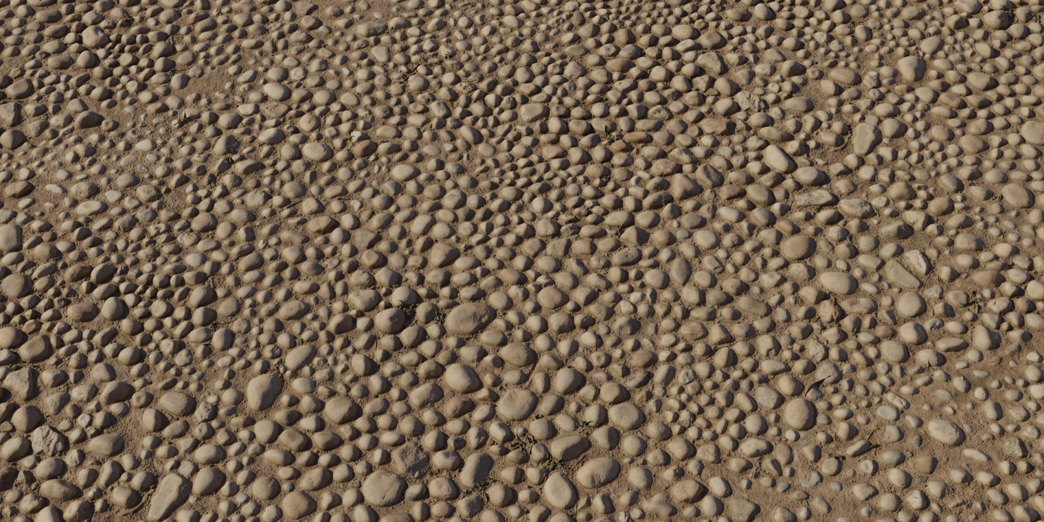 Free 16K texture of small rounded cobblestones set in compacted dirt - tightly packed pebbles, warm brown tones, dry roughness and subtle grime.