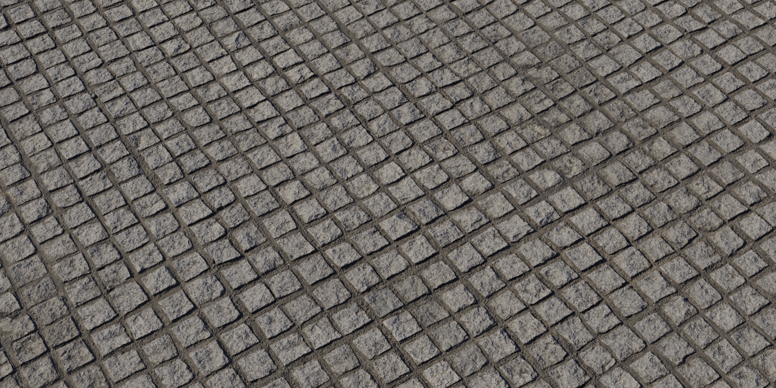 Free 8K texture of weathered concrete cobblestone: rough square pavers with deep dark grout, dusty outdoor pavement showing worn, uneven surface detail.