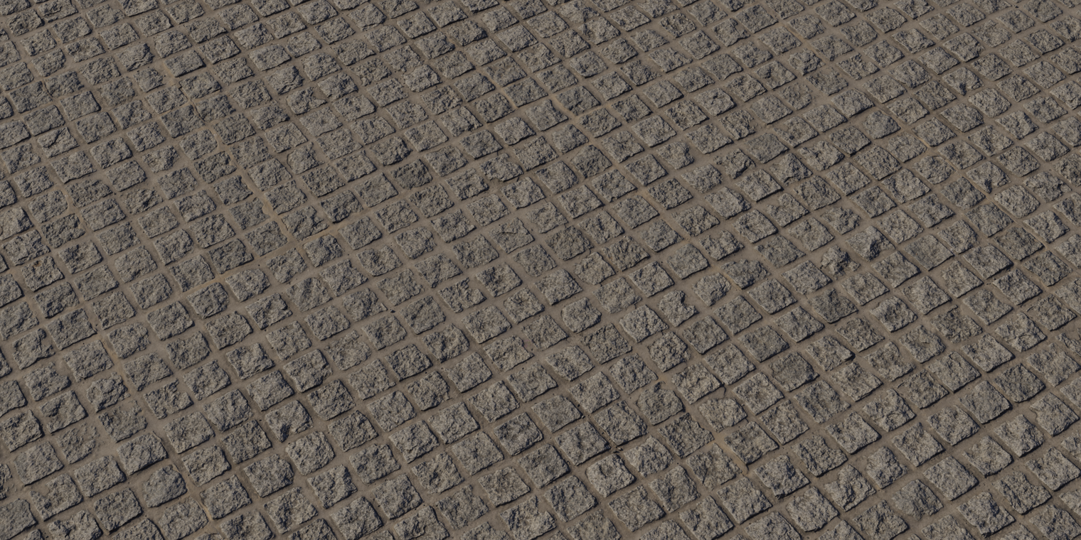 Free 16K cobblestone texture of square set blocks with rough, pitted surfaces and sandy grout. Gray-brown tones, chipped edges, matte finish.