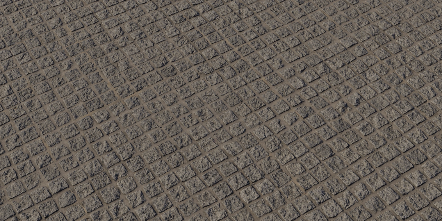 Free 16K cobblestone texture of square set blocks with rough, pitted surfaces and sandy grout. Gray-brown tones, chipped edges, matte finish.