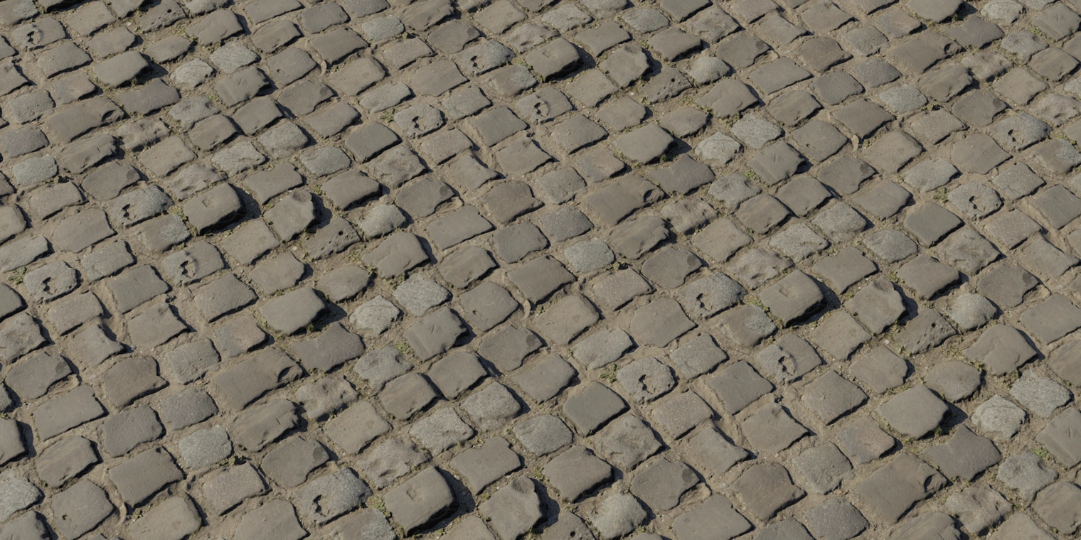 Free 8K texture of old cobblestone pavement: irregular worn stones, muddy joints with moss, rough weathered surfaces and subtle height variation.