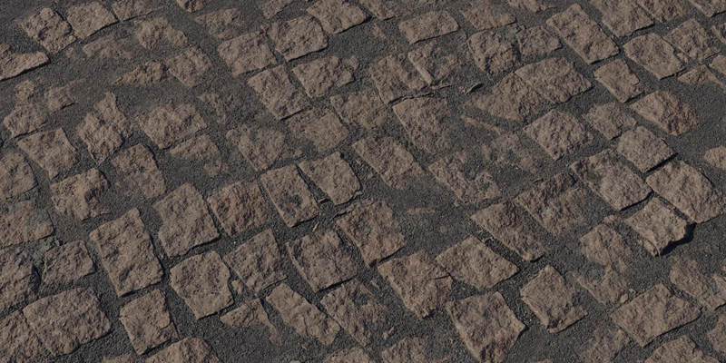 Free 16K texture of rough uneven cobblestones embedded in a grimy asphalt surface.