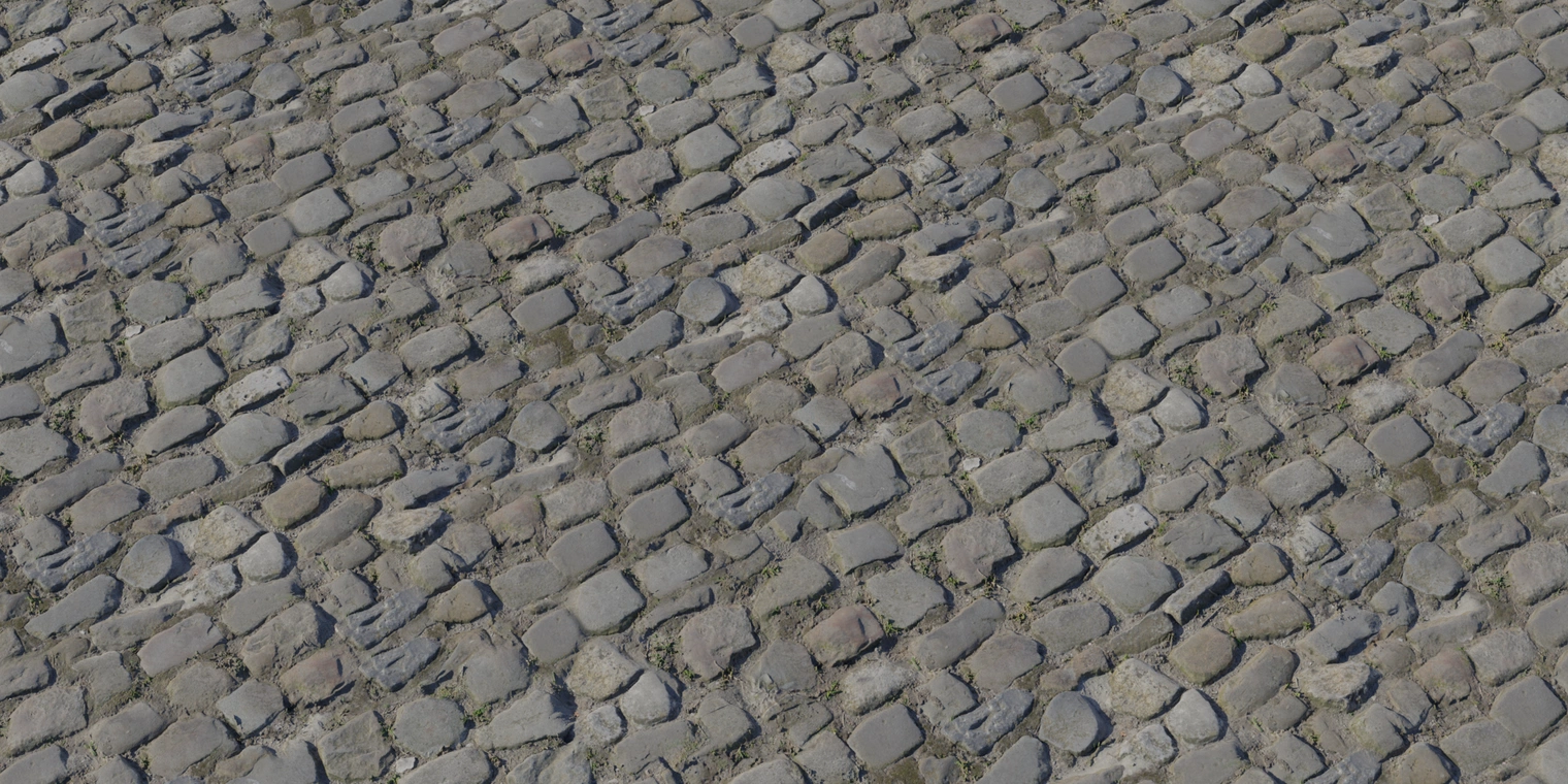 Free 8K texture of uneven medieval cobblestone floor: worn stones, mud-filled joints, scattered moss and dirt, rough matte stone with subtle sheen.