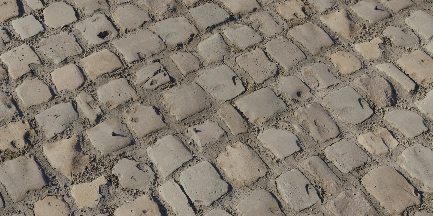 Free 8K cobblestone texture with worn square stones, muddy joints, rough chipped surfaces and muted earthy color variation.