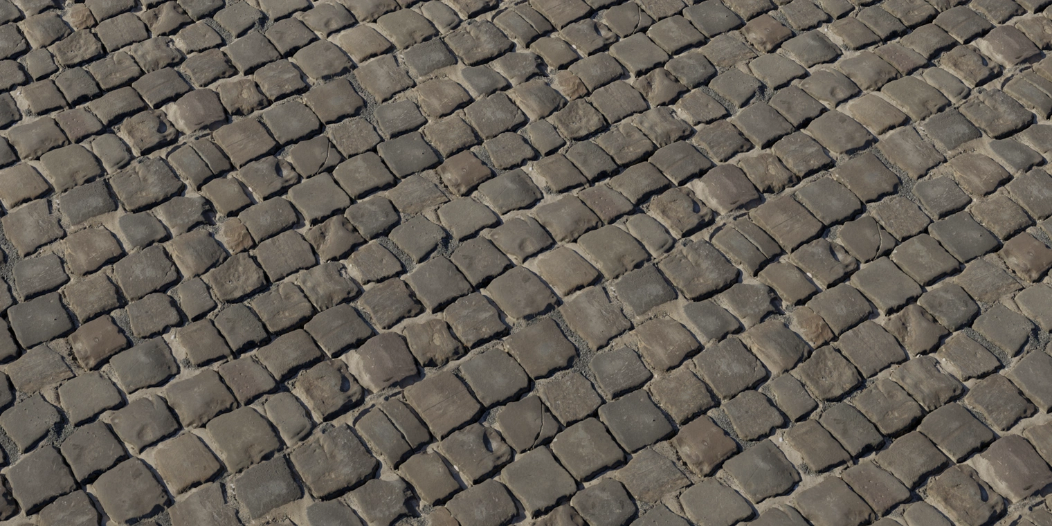 Free 8K cobblestone floor texture of smooth, worn square stones with plastered mortar, subtle cracks and a weathered brown-grey appearance.