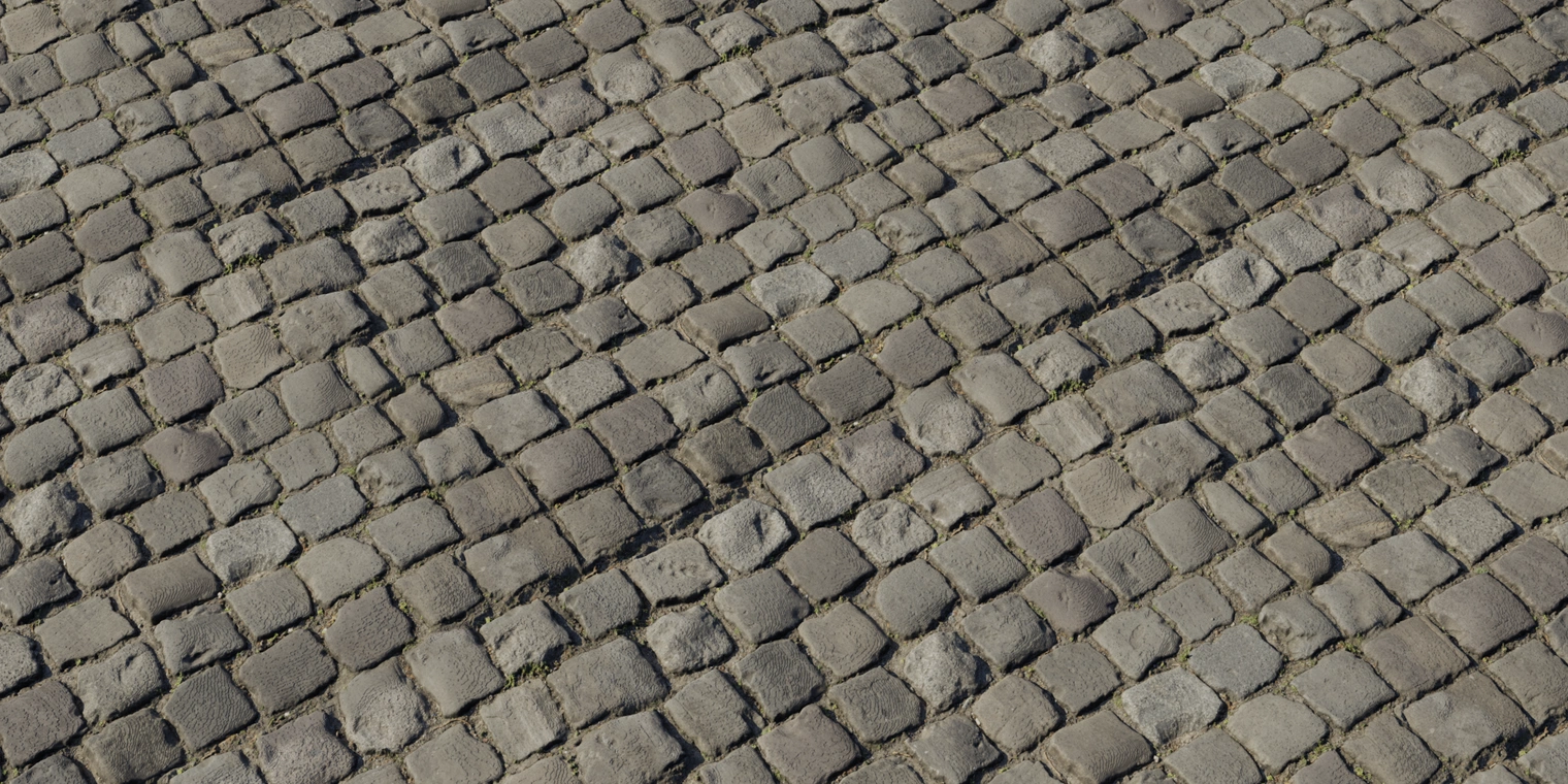 Free 8K cobblestone texture with weathered square stones, muddy recessed joints, moss-filled crevices, plaster residues and a rough, uneven, dirty surface.
