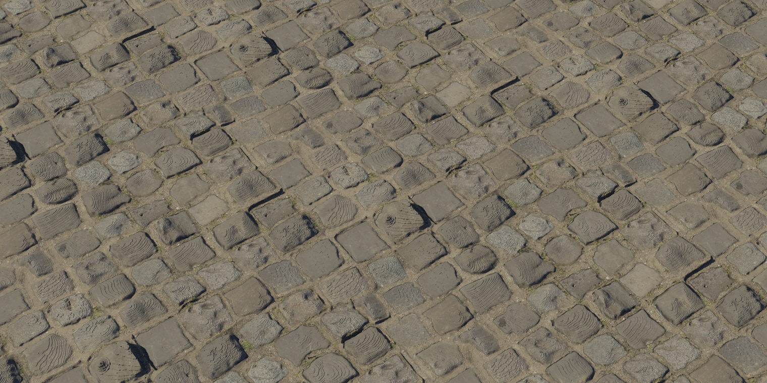Free 8K texture of uneven, aged cobblestone with worn, rounded stones, deep dirt-filled joints and subtle moss; rough, matte stone surface.