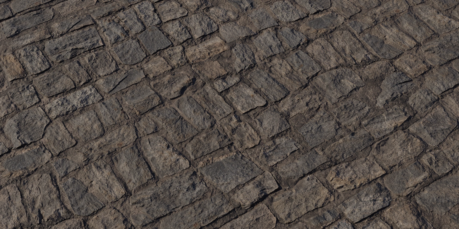 Free 16K texture of weathered cobblestone floor: rough, uneven stones with deep mortar joints, dark dirt and a damp, grungy layered surface.
