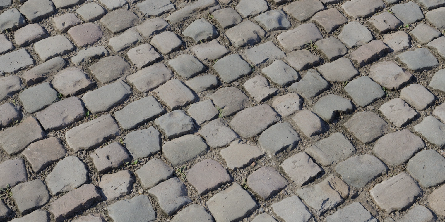 Free 8K cobblestone texture: smooth, worn rectangular stones with rounded edges, dirt-filled joints and patches of green moss, muted grey-beige tones and subtle wear sheen.