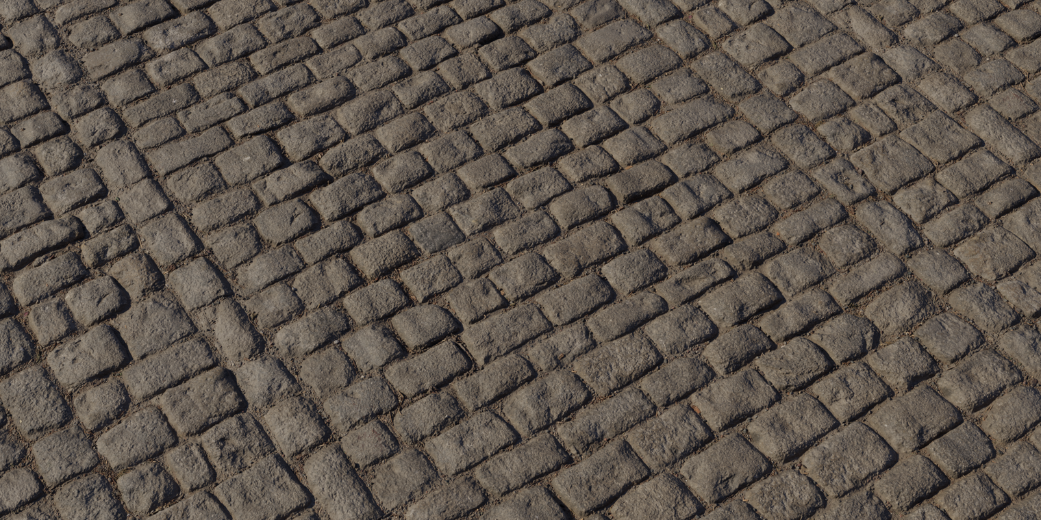 Free 16k texture of a weathered, uneven cobblestone floor - rough, worn square stones with deep mortar joints, subtle dirt fill and a low, slightly gritty sheen.