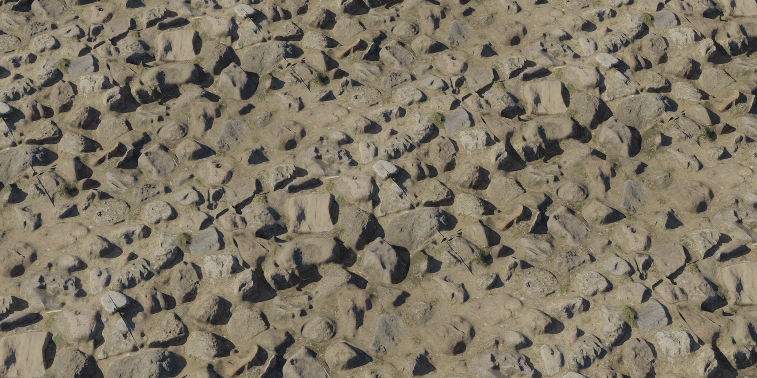 Free 8K texture of old farm cobblestones set in compacted dirt, featuring rounded, weathered stones, dirt-filled joints, subtle moss, and rough, worn surfaces.