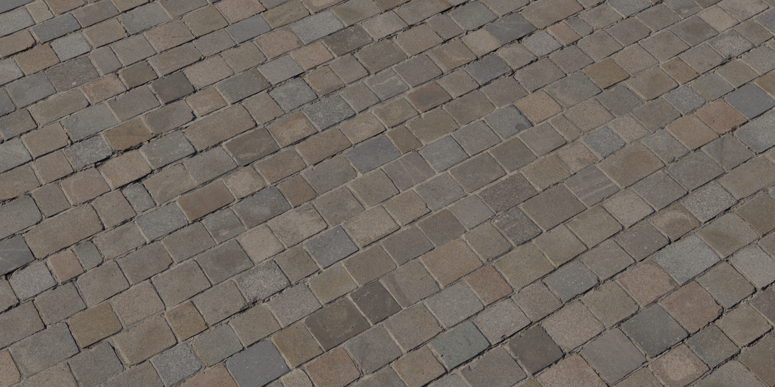Free 16k texture of weathered square cobblestones with brown-gray tones, worn edges, surface roughness, height variation and narrow mortar joints.