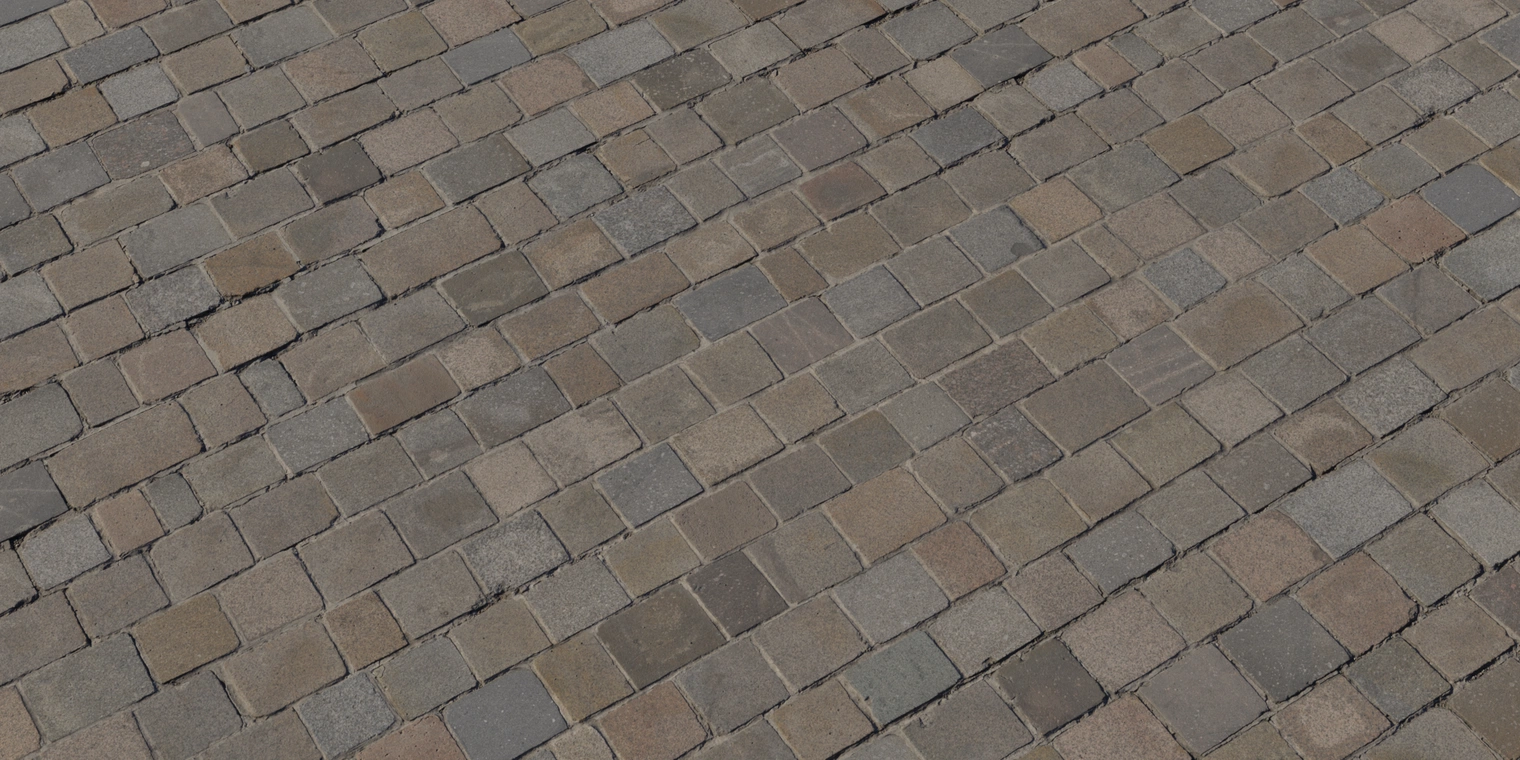 Free 16k texture of weathered square cobblestones with brown-gray tones, worn edges, surface roughness, height variation and narrow mortar joints.