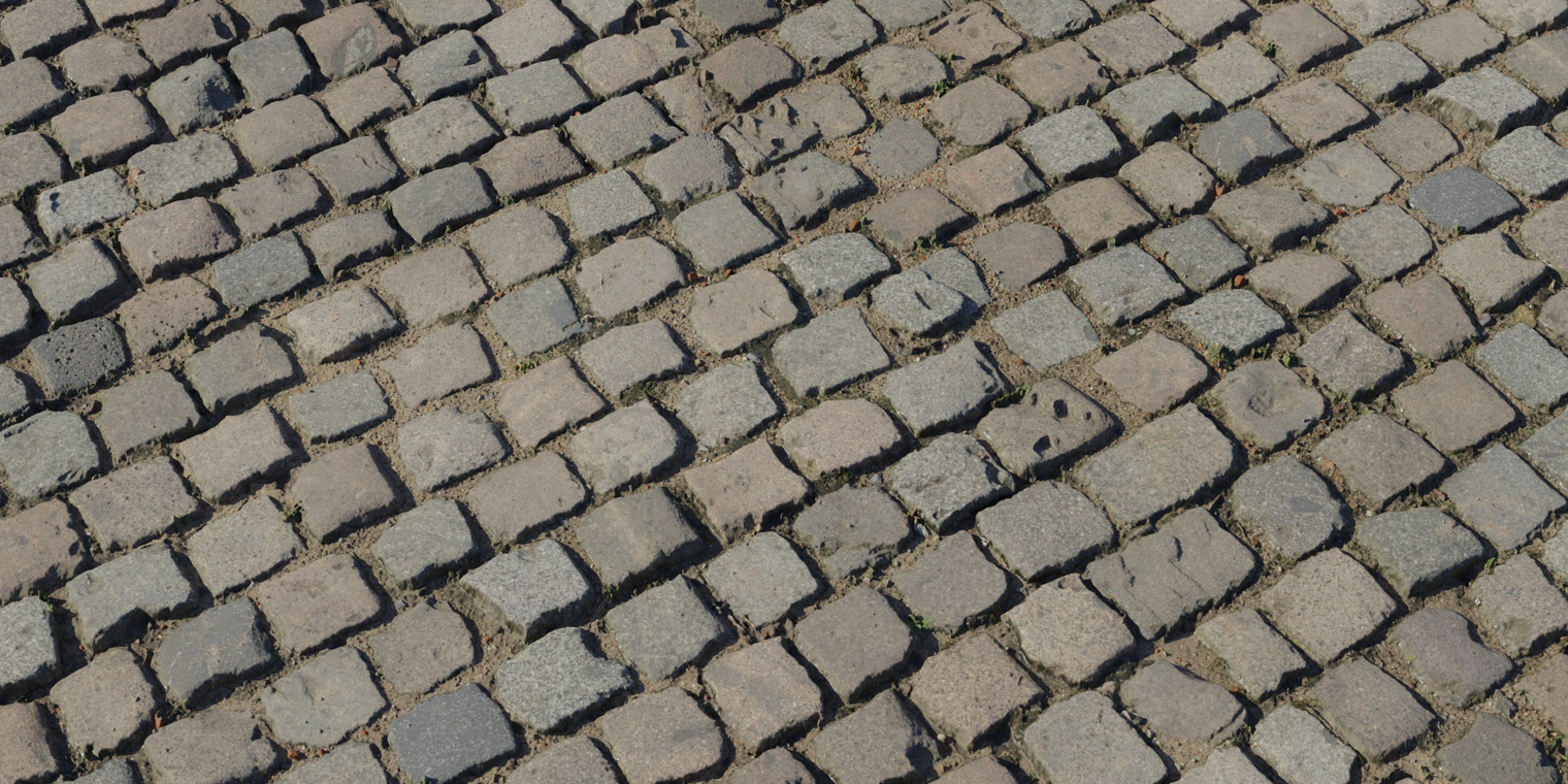 Free 8K texture of weathered square cobblestones with muddy joints, scattered moss, worn smooth tops and gritty dirt-filled crevices.