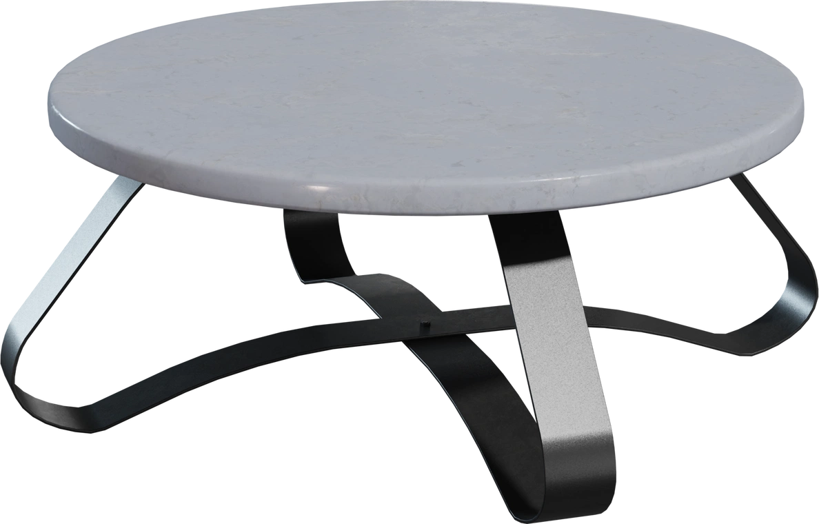 Free 8K model - round coffee table with white marble top and looping metal legs; sleek contemporary silhouette with subtle veining and matte metallic finish.