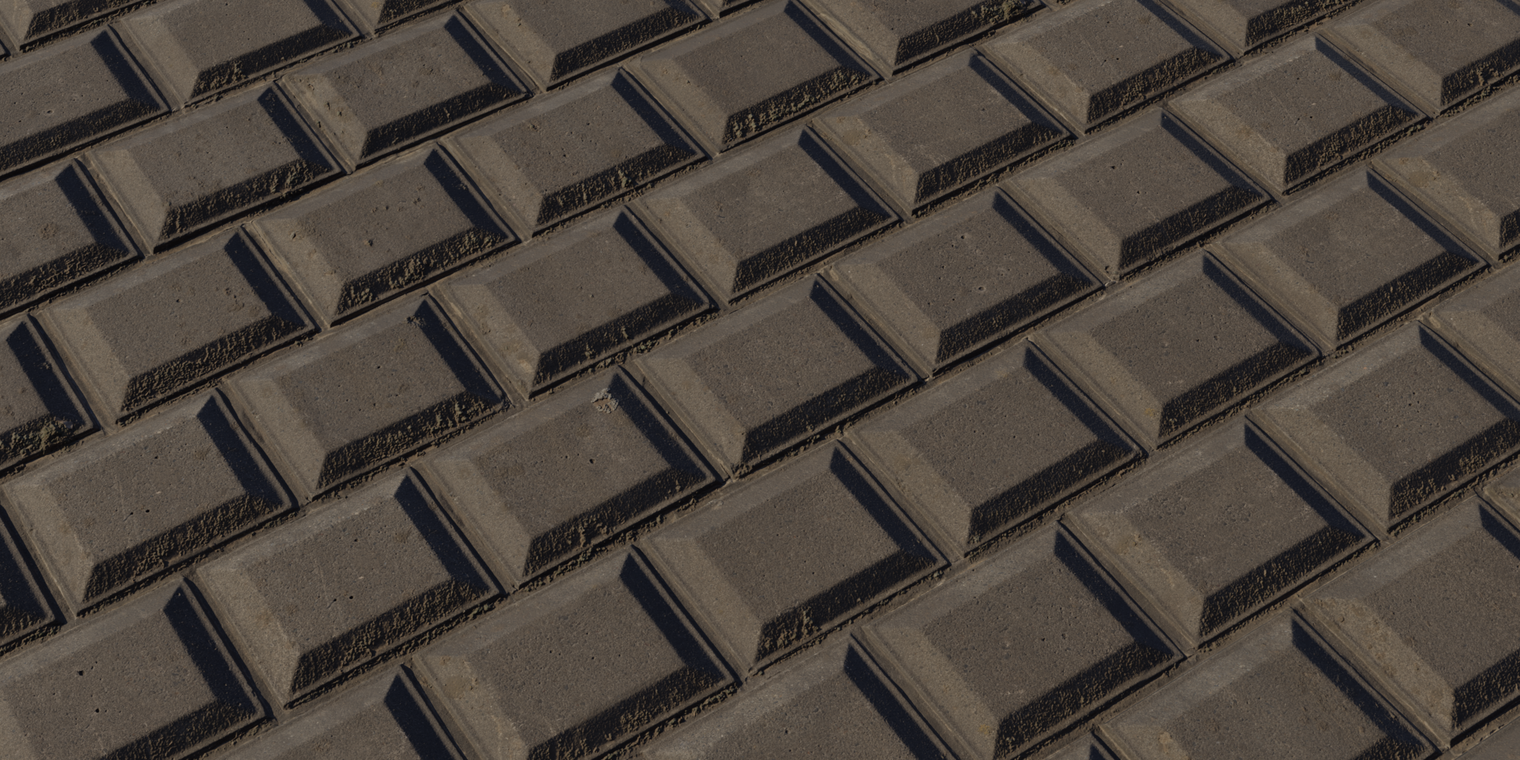 Free 16K concrete block wall texture featuring dark gray beveled blocks, sharp joints with grime buildup, tiny pores, chips, and a gritty matte finish.